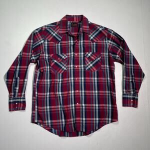 Vintage 80's Red Plaid Pearl Snap Button Shirt / Sz L / Plains Westernwear